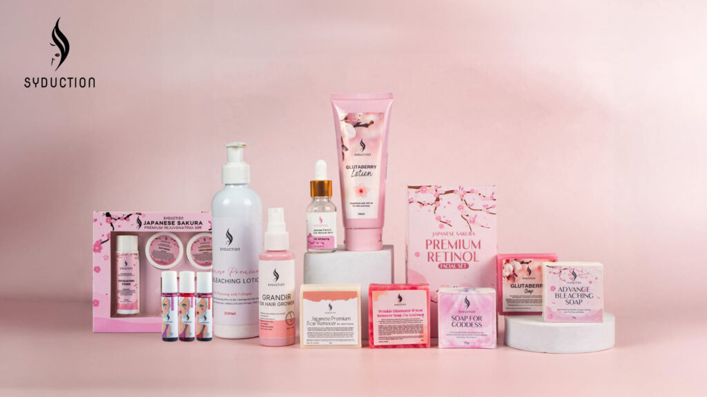 Syduction International's complete product line, featuring premium skincare solutions including lotions, serums, soaps, and rejuvenating sets.